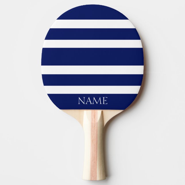 Modern Classic Navy Blue White Stripes Custom Name Ping-Pong Paddle (Front)