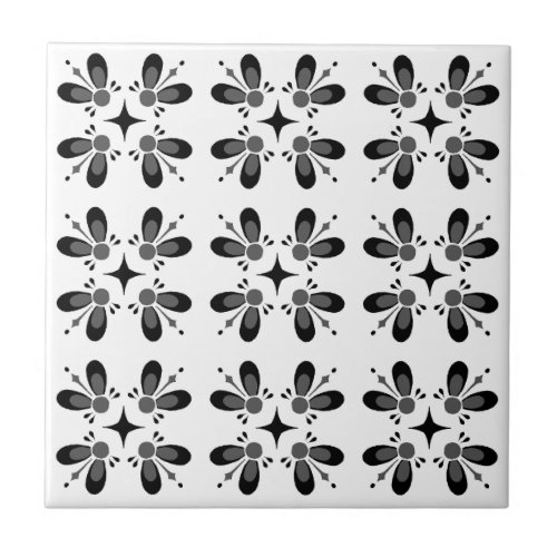 Modern classic pattern l Black floral l White Ceramic Tile
