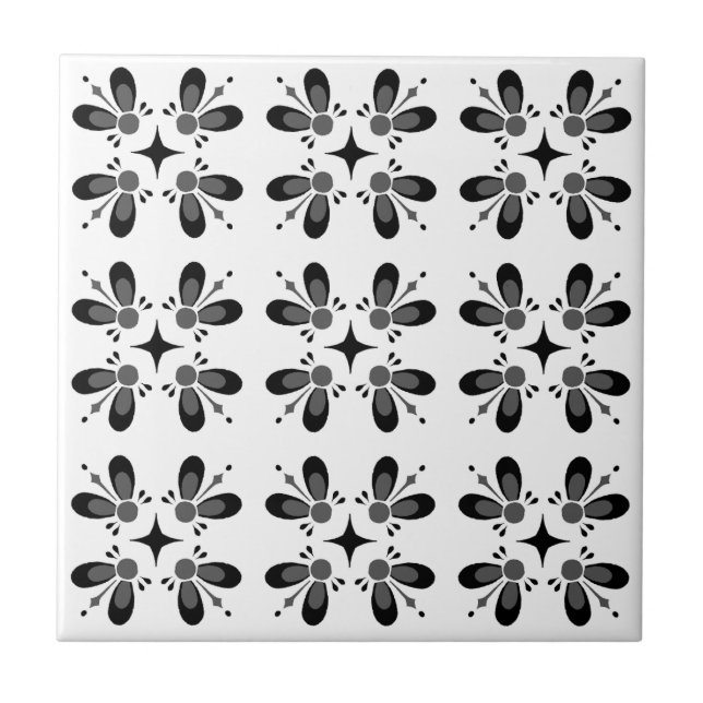 Modern classic pattern l Black floral l White Ceramic Tile (Front)
