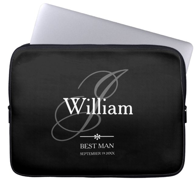 Modern Classic Personalized Name + Monogram Black Laptop Sleeve (Front)