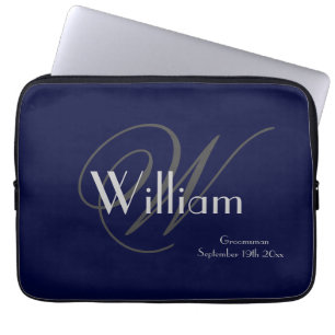 Modern Classic Personalized Name + Monogram Navy  Laptop Sleeve