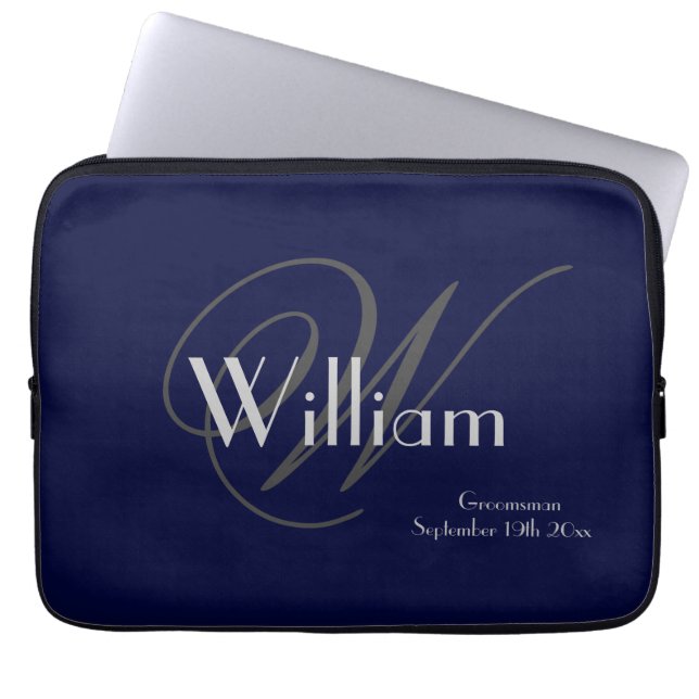 Modern Classic Personalized Name + Monogram Navy  Laptop Sleeve (Front)