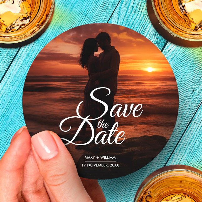 Modern Classic Photo Elegant Wedding Save The Date Round Paper Coaster (Creator Uploaded)