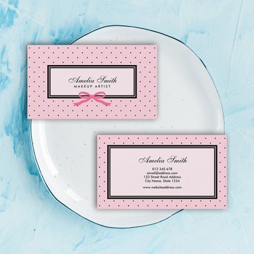 Modern Classic Pink Black Polka Dot Pink Ribbon Business Card