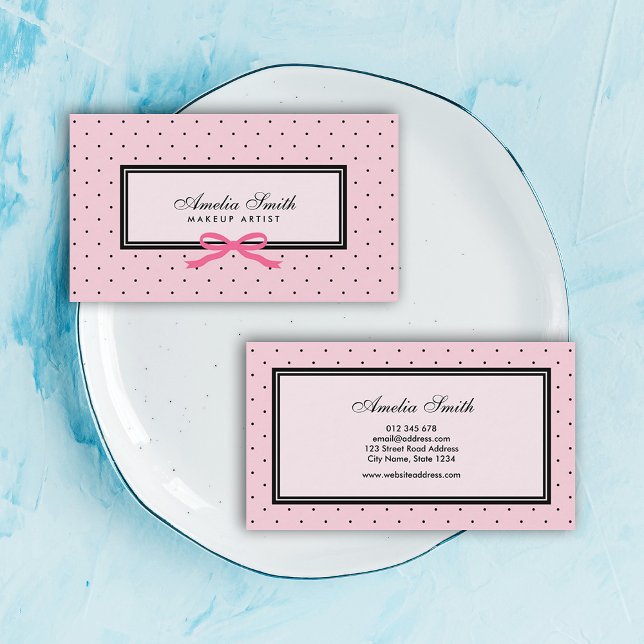 Modern Classic Pink Black Polka Dot Pink Ribbon Business Card (Creator Uploaded)