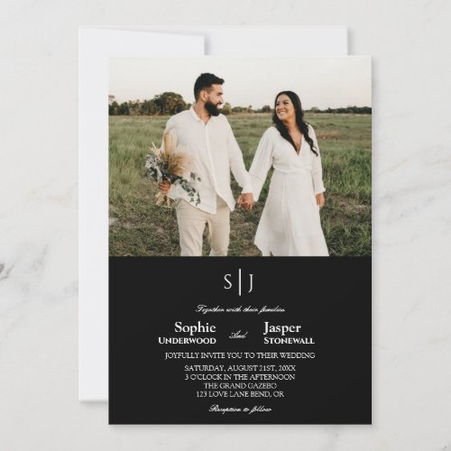 Modern Classic Plain Black Monogram Photo Wedding Invitation