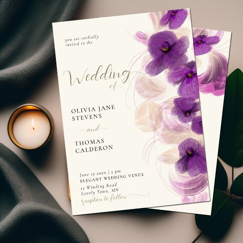 Modern Classic Purple Orchids Wreath Gold Wedding Invitation