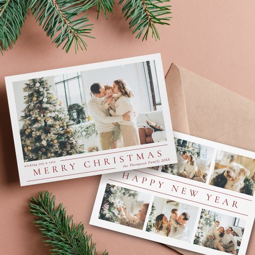 Modern Classic Red Merry Christmas Photo Collage Holiday Card