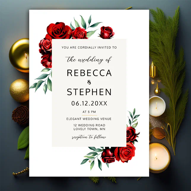 Frame Invitation Red Modern Classic Red Rose Ivory Floral Frame Wedding Invitation | Zazzle