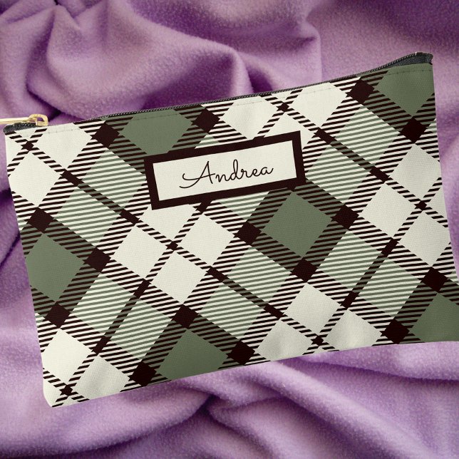 Modern Classic Sage Green Plaid Monogrammed Accessory Pouch (Creator Uploaded)