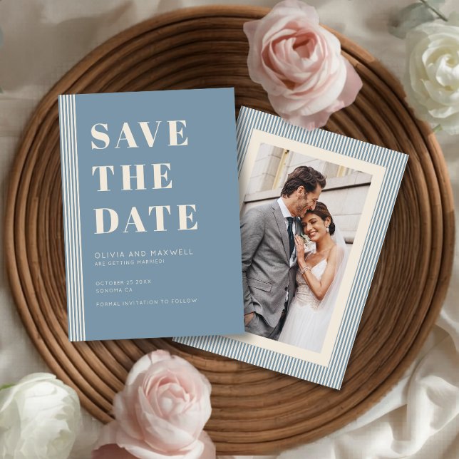 Modern Classic Save The Date Blue Striped Photo Invitation (Creator Uploaded)