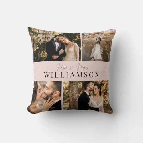 Modern Classic Script Newlywed Photo Collage Pink Throw Pillow