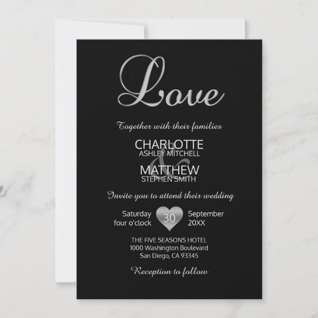 Modern Classic Silver White Black LOVE Wedding Invitation (Front)