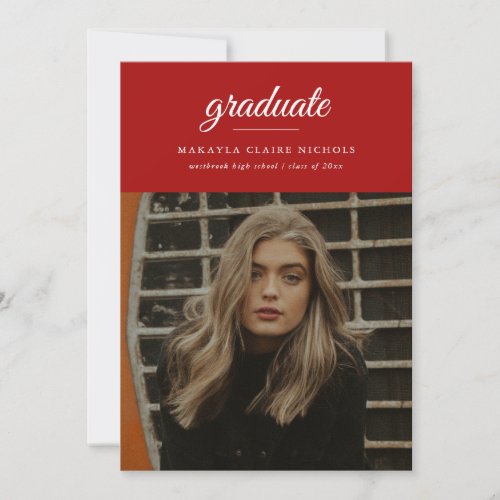 Modern Classic Simple Script Red Photo Graduation Invitation