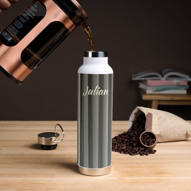 Modern Classic Smokey Gray Stripes with Name Water Bottle (Coffee)