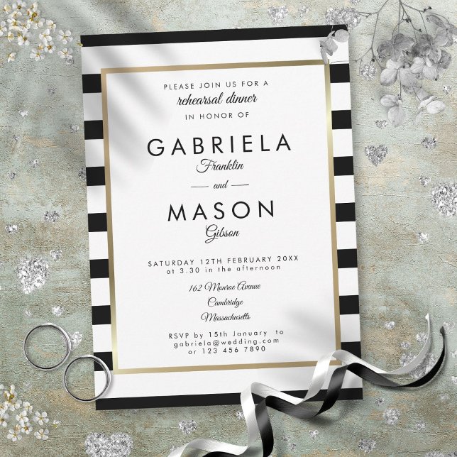 Modern Classic Stripe Gold Border Rehearsal Dinner Invitation (Modern Classic Stripe Gold Border Rehearsal Dinner Invitation)