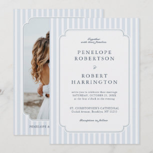 Modern Classic Stripes Dusty Blue Photo Wedding  Invitation