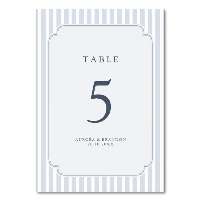 Modern Classic Stripes Dusty Blue Vintage Wedding Table Number (Front)