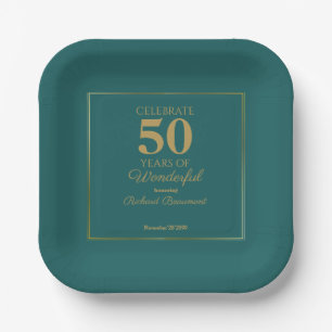 Modern Classic Teal Gold Wonderful 50th Birthday Paper Plates