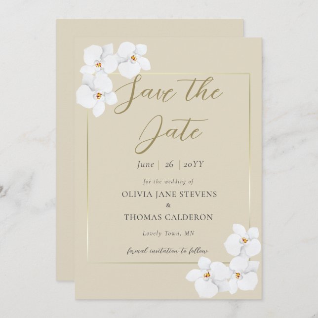 Modern Classic White Orchids Watercolor Save Date Invitation (Front/Back)