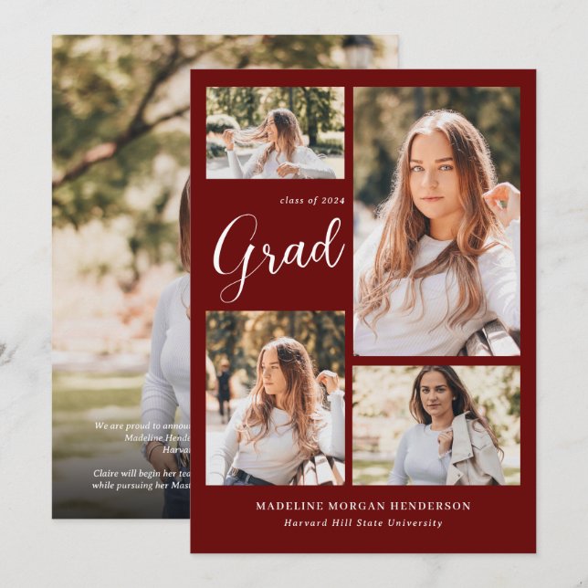 Modern Classy 5 Photo Collage Burgundy Graduation Announcement (Front/Back)