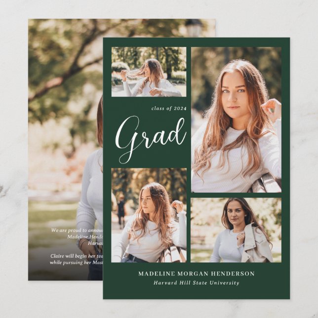 Modern Classy 5 Photo Collage Green Graduation Announcement (Front/Back)