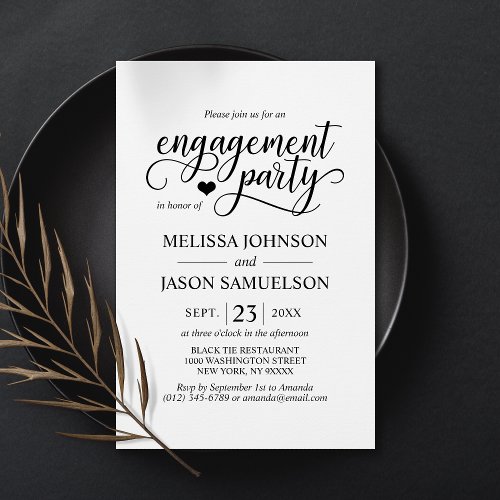 Modern Classy Black White Heart Engagement Party Invitation