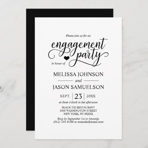 Modern Classy Black White Heart Engagement Party Invitation