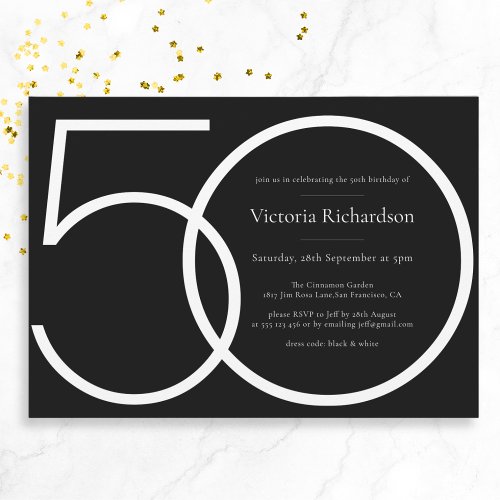 Modern Classy Black White Minimalist 50th Birthday Invitation