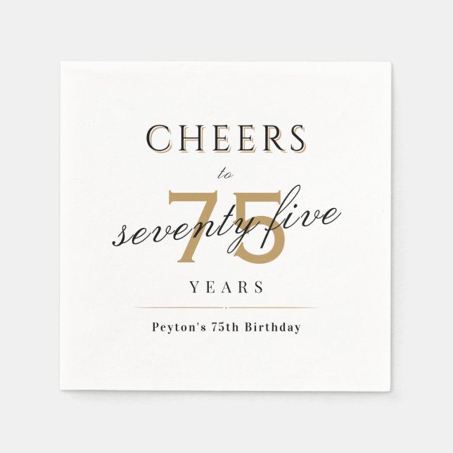 Modern classy cheers to 75 years birthday party napkins (Front)