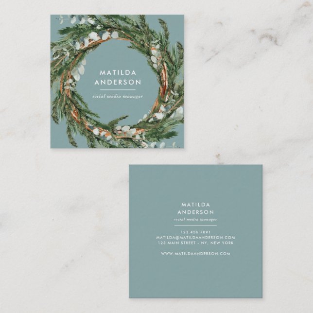 Modern classy elegant eucalyptus botanical wreath square business card (Front/Back)