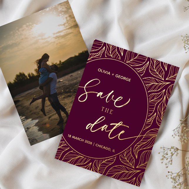 Modern Classy Elegant Leaves Photo Save the Date Foil Invitation (Creator Uploaded)