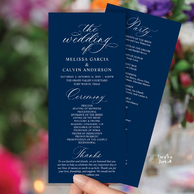 Modern Classy Elegant Wedding Ceremony Program (Modern Classy Elegant Romantic Wedding Ceremony Program Card in Navy Blue)