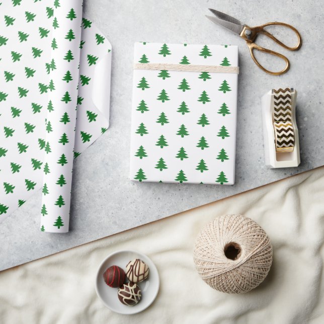 Modern Classy Green Christmas Trees on White Wrapping Paper (Crafts)