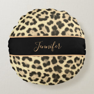 Modern Classy Leopard Print Personalized Name Round Pillow