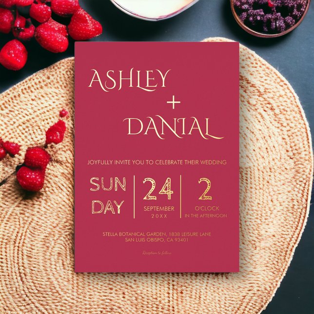 Modern Classy Magenta Gold Calligraphy Wedding Foil Invitation (Creator Uploaded)