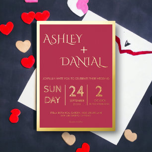 Modern Classy Magenta Gold Script Framed Wedding F Foil Invitation