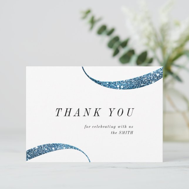 Modern classy minimalist faux blue glitter thank you card (Standing Front)