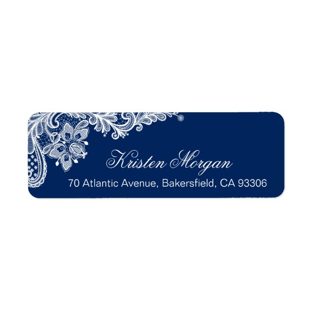 Modern Classy Navy Blue Floral Lace RSVP Label (Front)