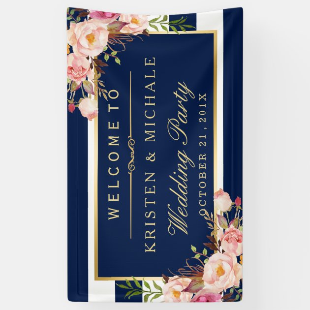 Modern Classy Navy Blue Floral Wedding Party Banner