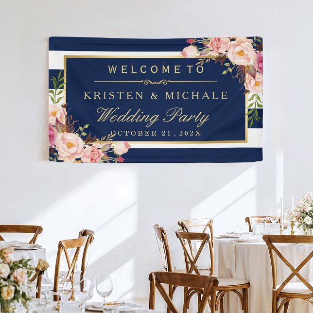 Modern Classy Navy Blue Floral Wedding Party Banner (Creator Uploaded)