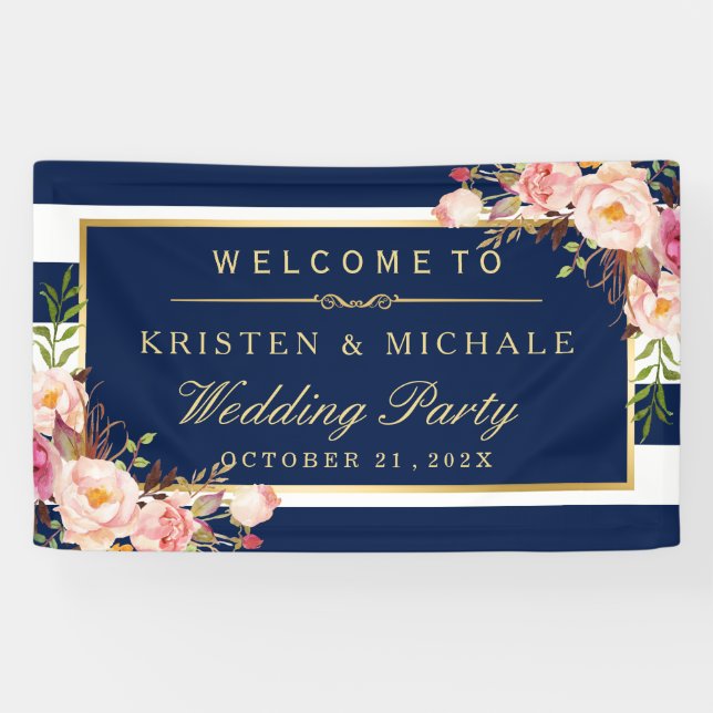 Modern Classy Navy Blue Floral Wedding Party Banner (Horizontal)