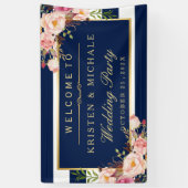 Modern Classy Navy Blue Floral Wedding Party Banner (Vertical)