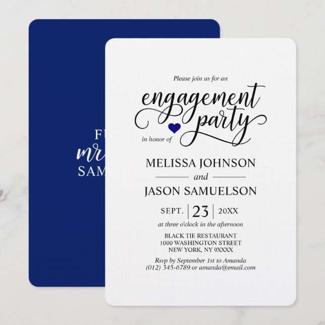 Modern Classy Navy Blue Heart Engagement Party Invitation (Front/Back)
