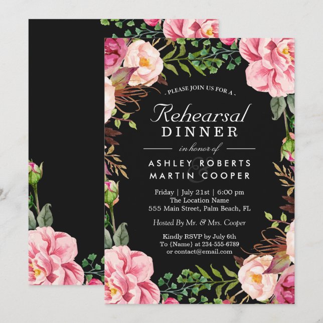 Modern Classy Pink Floral Wedding Rehearsal Dinner Invitation (Front/Back)