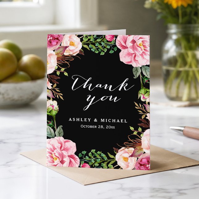 Modern Classy Pink Floral Wreath Thank You Card (Creator Uploaded)