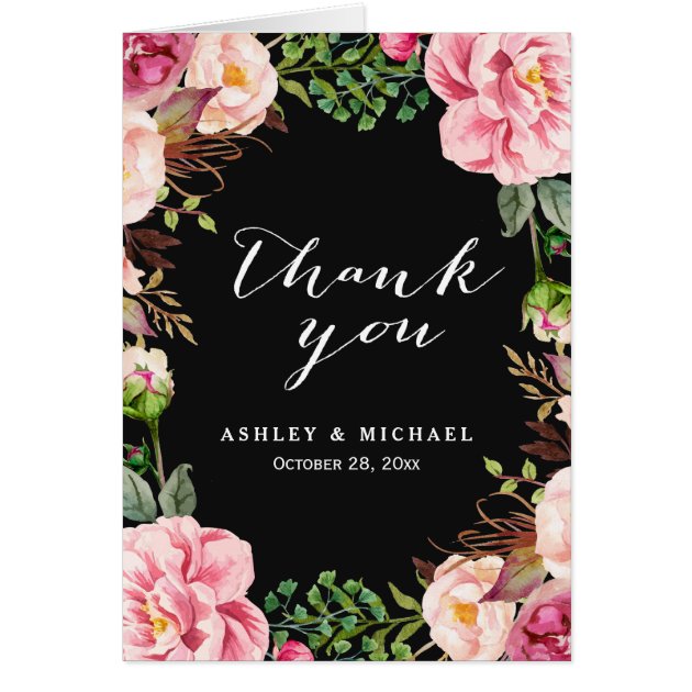 Modern Classy Pink Floral Wreath Thank You Card