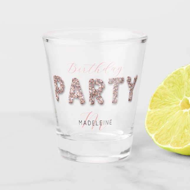 Modern Classy Pink Glitter Monogram Birthday Party Shot Glass (Front)
