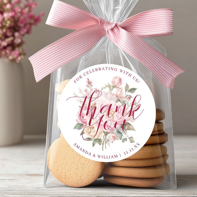Modern Classy Pink Roses Flowers Thank You Favor Classic Round Sticker (Modern Classy Pink Roses Flowers Thank You Favor Classic Round Sticker)