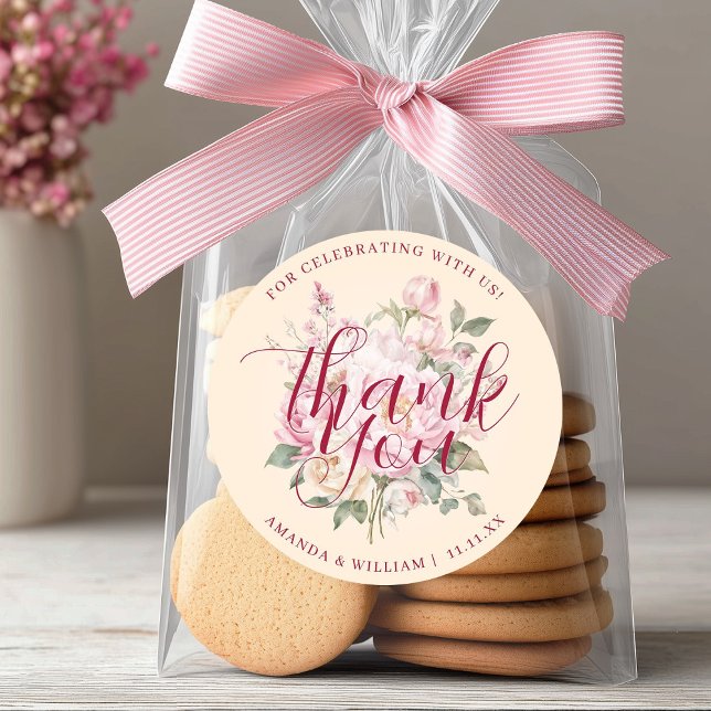 Modern Classy Pink Roses Flowers Thank You Favor Classic Round Sticker (Modern Classy Pink Roses Flowers Thank You Favor Classic Round Sticker)